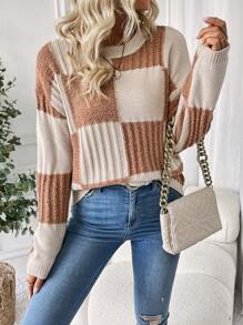 SHEIN Essnce 女士圓領色塊毛衣套頭 - 卡其色 - 查看 4
