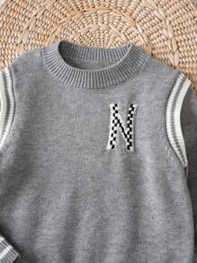 SHEIN 男童条纹字母图案毛衣裤套装 - 灰色 - 查看 4