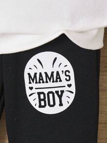 SHEIN Baby Boys' Set Of Sporty Round Neck Long Sleeve Sweatshirt And Pants - Black and White - View 5