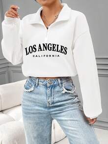 SHEIN EZwear 女式字母印花半拉鍊運動衫 - 白色 - 查看 5