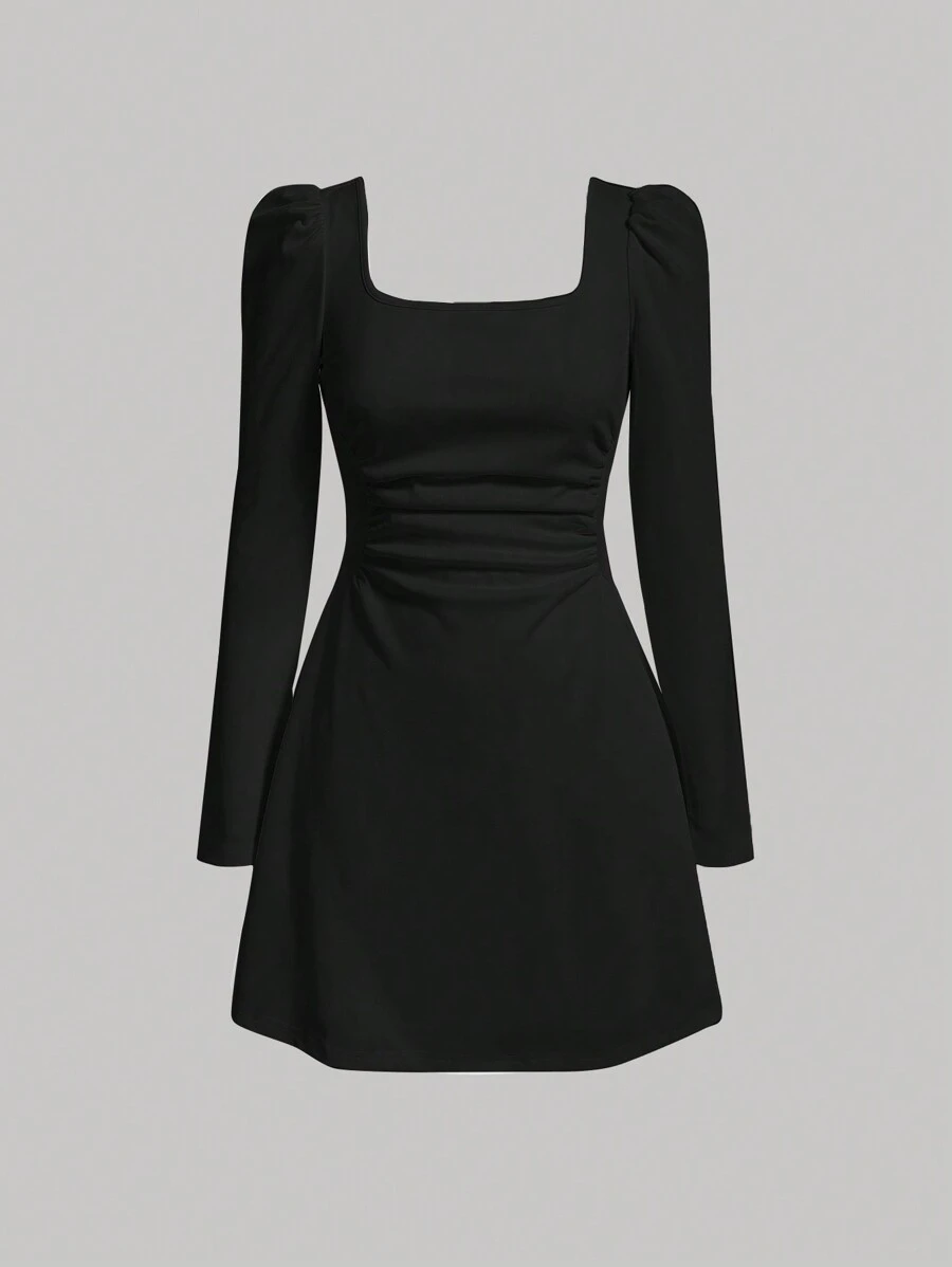 SHEIN MOD 女士方領褶皺腰長袖洋裝 - 黑色 - 查看 1