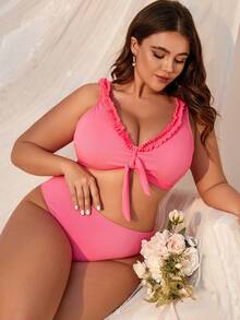 Swim Mod 大尺碼女士荷葉邊紋身泳衣套裝 - 玫紅色 - 查看 3