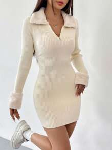 SHEIN EZwear 杏色博格领四分之一拉链紧身毛衣连衣裙（秋冬）