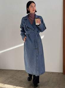 FRIFUL Women's Long Denim Jacket With Waist Belt