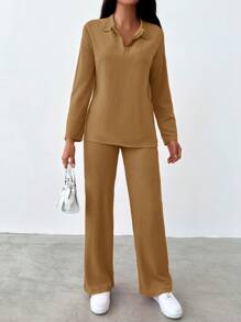 SHEIN Cottnline Women'S Turn-Down Collar Drop Shoulder Top And Pants Set - Camel - View 4