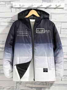 SHEIN 青少年男孩休闲舒适标语印花渐变色连帽棉服外套 - 彩色 - 查看 1