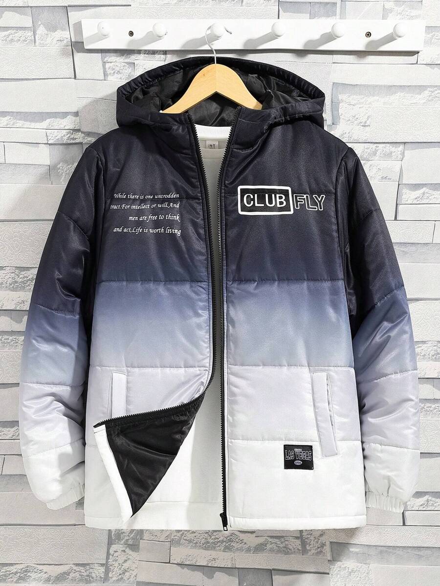 SHEIN 青少年男孩休闲舒适标语印花渐变色连帽棉服外套 - 彩色 - 查看 1