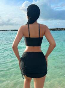 SHEIN Swim Women's Halter Neck Ruffled Separated Swimming Suit, 3pcs/Set Summer - Black - View 2