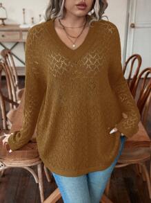 Calvaya 女士大尺碼v領寬鬆針織毛衣 - 棕色 - 查看 1