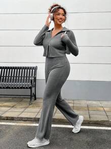 SHEIN EZwear Conjunto De Dos Piezas De Tejido De Punto De Costilla En Un Solo Color Y De Talla Grande - Gris Oscuro - Ver 4