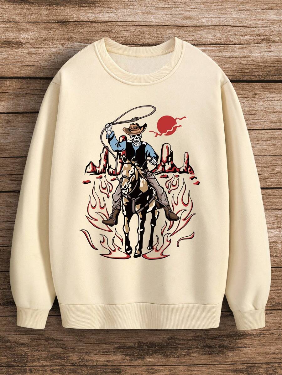 Sudadera Con Capucha Impresa De Vaquero Para Hombre Con Cráneo Montando A Caballo - Albaricoque - Ver 1