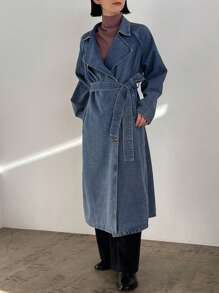 FRIFUL Women's Long Denim Jacket With Waist Belt