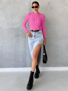 SHEIN Cottnline Solid Cable Knit Drop Shoulder Sweater - Pink - View 3