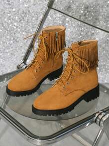 Styleloop Botas de media pantorrilla para mujer, con textura tejida, estilo bohemio, western, festival de música - Amarillo - Ver 2