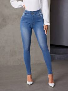 SHEIN Privé Pantalones De Mezclilla Entubados Para Mujer - Azul - Ver 1