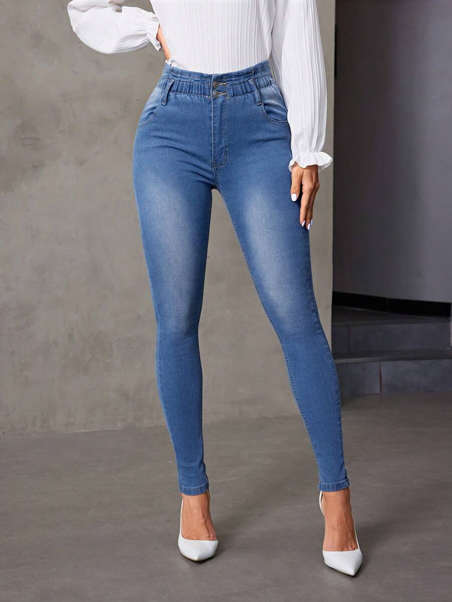 SHEIN Privé Pantalones De Mezclilla Entubados Para Mujer - Azul - Ver 1