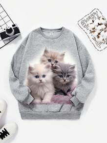 Cô gái Giải trí Mô hình Cartoon Tay áo dài Vòng cổ Áo nỉ , Thích hợp Đối với Mùa thu Và Mùa Đông - Xám - Xem 1