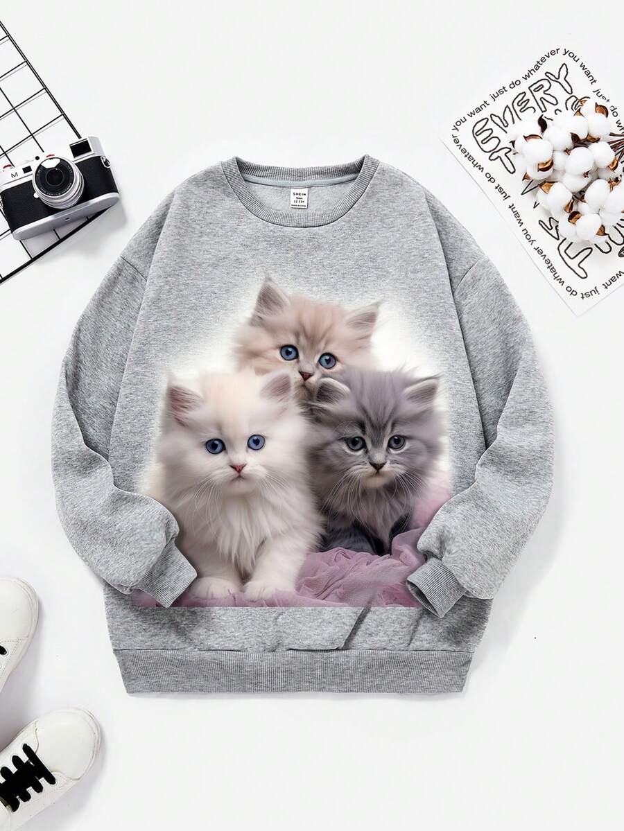 Cô gái Giải trí Mô hình Cartoon Tay áo dài Vòng cổ Áo nỉ , Thích hợp Đối với Mùa thu Và Mùa Đông - Xám - Xem 1