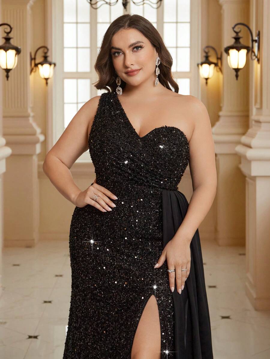 SHEIN Belle Plus Size Women's Evening Dress With Beaded Patchwork, Dramatic Train And Cascade Formal Dress - Black - View 1