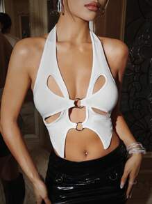 SHEIN ICON Summer Y2k Solid Color Hollow Out Off Shoulder Halter Top