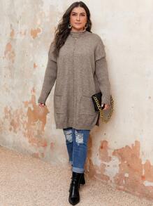 EMERY ROSE Kích thước lớn Của phụ nữ Đứng cổ áo Sọc Dài Áo len - Màu Khaki - Xem 4