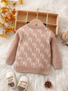 Infant Boy's Letter Patterned Cardigan With Round Collar - Khaki - View 2