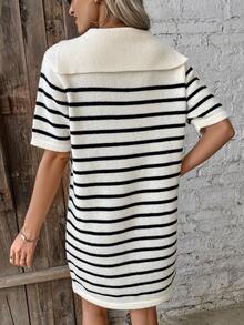 SHEIN Frenchy Vòng cổ Ngắn tay Đen & Trắng Sọc Đầm - Nhiều màu - Xem 2