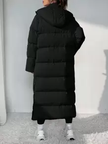 SHEIN EZwear 女士簡約純色長款加厚夾克外套 - 黑色 - 查看 2