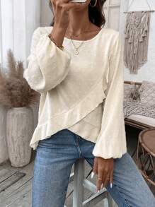 SHEIN LUNE 女背紐扣荷葉邊下擺襯衫 - 杏色 - 查看 6