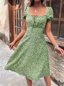 SHEIN VCAY 女款花朵泡泡袖裙 - 綠色 - 查看 5