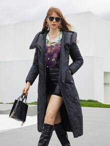 Women's Long Hooded Padded Coat With Belt - Black - View 3