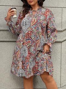 SHEIN Franclia Vestido Con Estampado De Cachemira Y Mangas Con Vuelo En Talla Grande - Camel - Ver 6