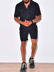 Men's Casual Button-front Shirt And Shorts Set - Black - View 1