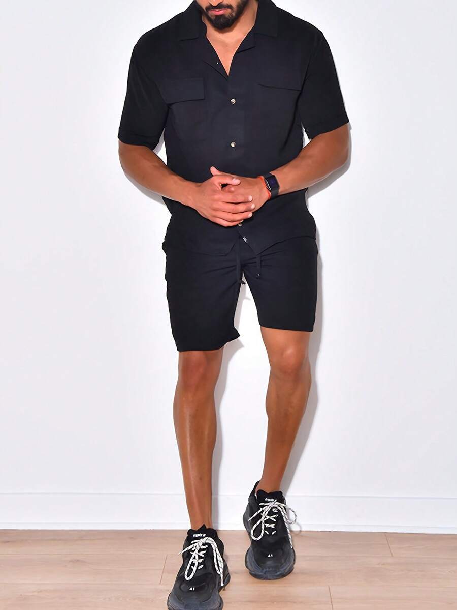 Men's Casual Button-front Shirt And Shorts Set - Black - View 1