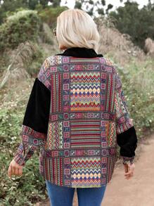 SHEIN LUNE Plus Size Women's Geometric Pattern Corduroy Jacket - Multicolor - View 2