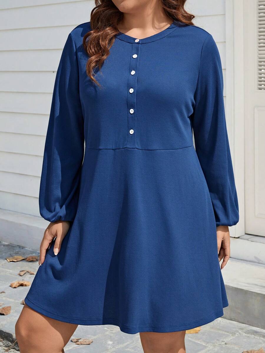 SHEIN LUNE 女士實色a型大碼連衣裙 - 藍色 - 查看 1