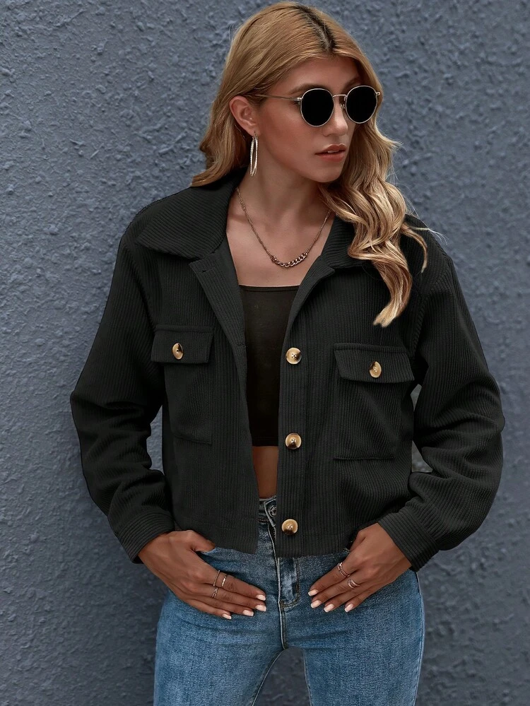 Button Front Patch Pocket Cord Jacket Fall Winter Cloth For Women