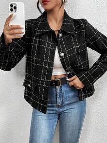SHEIN Privé Women's Plaid Button Front Woolen Coat - Black - View 4