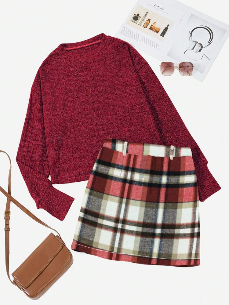 Women'S T-Shirt & Grid Pattern Skirt 2pcs/Set