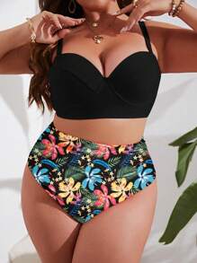 SHEIN Swim Curve 夏季海滩大码纯色胸罩和印花比基尼套装