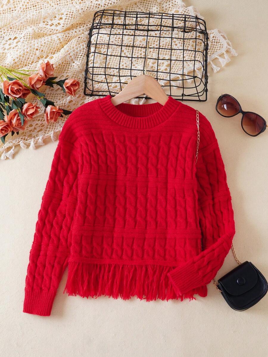 SHEIN 女童流苏下摆红色毛衣 - 紅色 - 查看 1