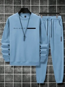 Manfinity Homme Men's Blue Letter Print Pullover Hoodie And Casual Sports Pants 2pcs/set