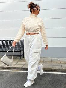 SHEIN EZwear Của phụ nữ Kích thước lớn Một nửa khóa kéo Sang trọng Áo nỉ - trắng - Xem 3