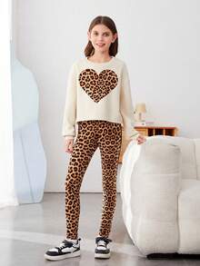 Cô gái Tween In trái tim & Da báo Áo chui đầu & Xà cạp - Màu Khaki - Xem 5