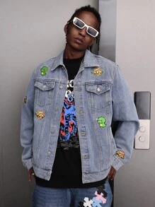 Manfinity Roghcode Men's Dinosaur Embroidered Denim Jacket - Blue - View 7