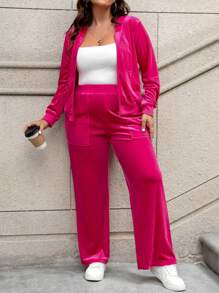 Calvaya Women's Plus Size Hooded Zipper Front Jacket And Wide Leg Pants Two Piece Set - Hot Pink - View 1