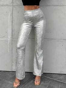 EURMUSE Women's Metallic Bell Bottom Pants - Silver - View 5