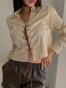 DAZY 女士正面包覆領口綁帶襯衫 - 杏色 - 查看 5