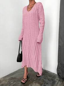EURMUSE V-neck Asymmetric Hem Sweater Dress