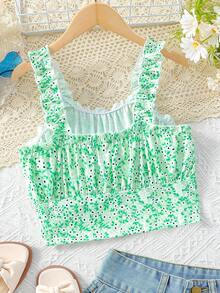 SHEIN Tween Girls' Printed Frill Edge Wide Strap Top